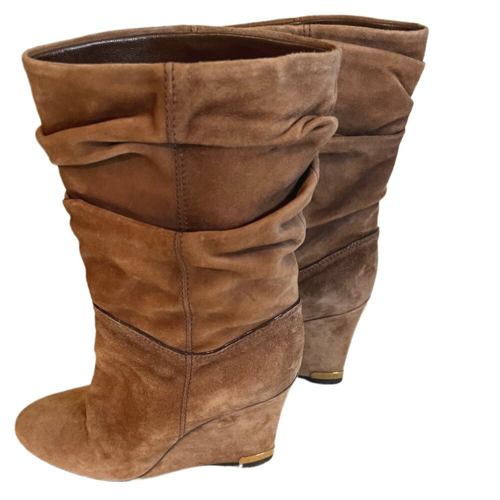 Louis Vuitton Camel Suede Slouch Wedge Boots Gold Metal Logo on Heels Size  37/7 - Picture 7 of 14